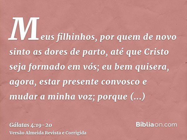 Meus filhinhos, por quem de novo sinto as dores de parto, até que Cristo seja formado em vós;eu bem quisera, agora, estar presente convosco e mudar a minha voz;