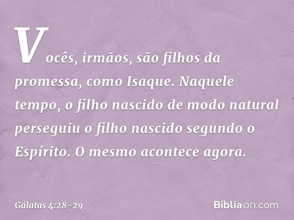 Vocês, irmãos, são filhos da promessa, como Isaque. Naquele tempo, o filho nascido de modo natural perseguiu o filho nascido segundo o Espírito. O mesmo acontec