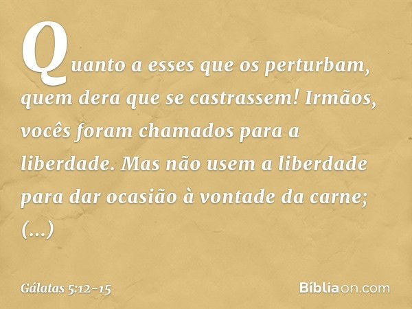 Quanto a esses que os perturbam, quem dera que se castrassem! Irmãos, vocês foram chamados para a liberdade. Mas não usem a liberdade para dar ocasião à vontade