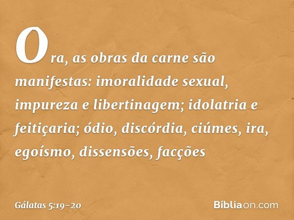 Ora, as obras da carne são manifestas: imoralidade sexual, impureza e libertinagem; idolatria e feitiçaria; ódio, discórdia, ciúmes, ira, egoísmo, dissensões, f