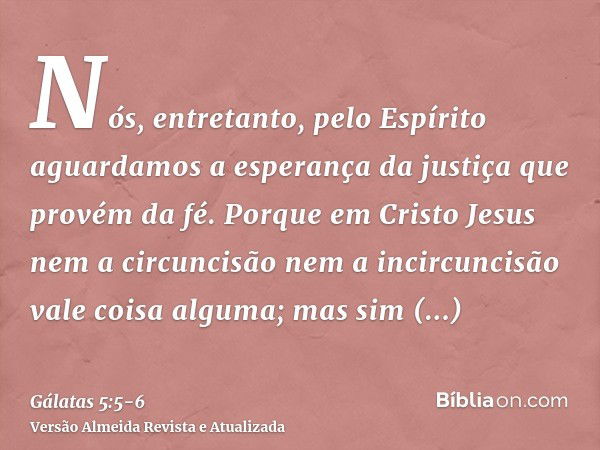 Nós, entretanto, pelo Espírito aguardamos a esperança da justiça que provém da fé.Porque em Cristo Jesus nem a circuncisão nem a incircuncisão vale coisa alguma