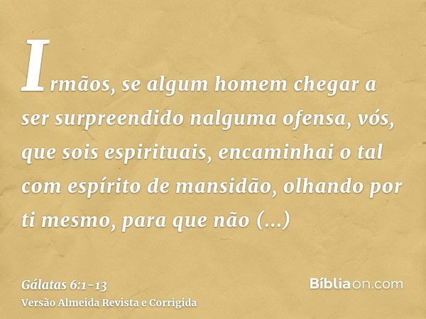 Irmãos, se algum homem chegar a ser surpreendido nalguma ofensa, vós, que sois espirituais, encaminhai o tal com espírito de mansidão, olhando por ti mesmo, par