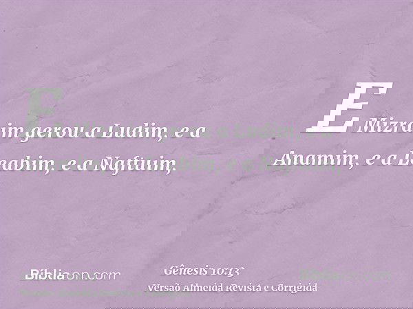 E Mizraim gerou a Ludim, e a Anamim, e a Leabim, e a Naftuim,