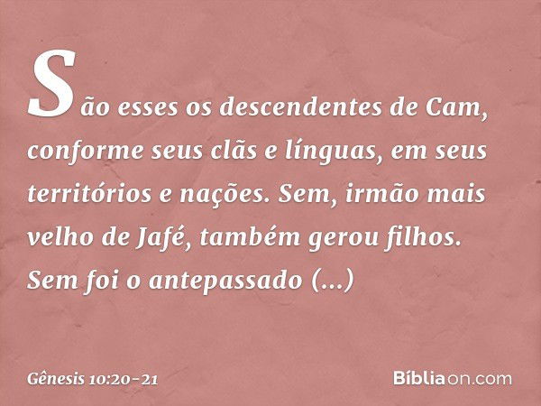 São esses os descendentes de Cam, con­forme seus clãs e línguas, em seus territórios e nações. Sem, irmão mais velho de Jafé, também gerou filhos. Sem foi o ant