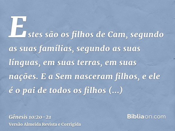 Estes são os filhos de Cam, segundo as suas famílias, segundo as suas línguas, em suas terras, em suas nações.E a Sem nasceram filhos, e ele é o pai de todos os