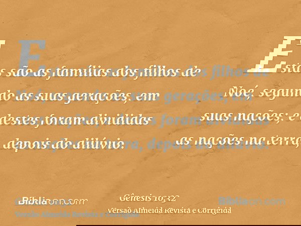 Estas são as famílias dos filhos de Noé, segundo as suas gerações, em suas nações; e destes foram divididas as nações na terra, depois do dilúvio.
