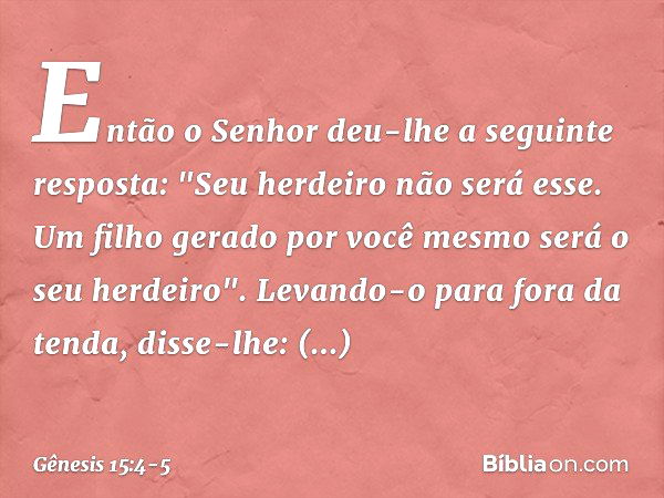 Então o Senhor deu-lhe a seguinte res­posta: "Seu herdei­ro não será esse. Um filho gerado por você mesmo será o seu herdeiro". Le­van­do-o para fora da tenda, 