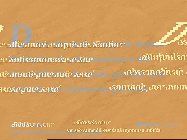 Disse-lhe mais o anjo do Senhor: Multiplicarei sobremaneira a tua descendência, de modo que não será contada, por numerosa que será.