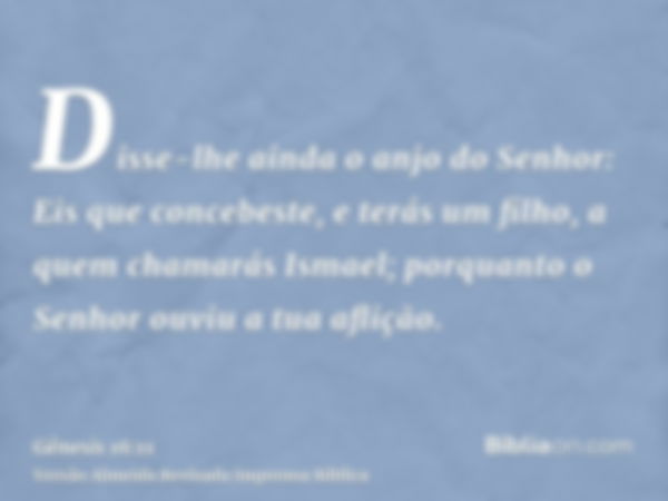 Disse-lhe ainda o anjo do Senhor: Eis que concebeste, e terás um filho, a quem chamarás Ismael; porquanto o Senhor ouviu a tua aflição.