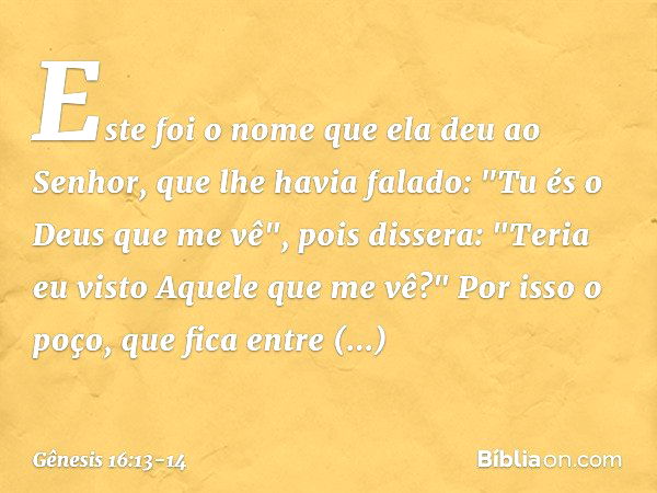 Este foi o nome que ela deu ao Senhor, que lhe havia falado: "Tu és o Deus que me vê", pois dissera: "Teria eu visto Aquele que me vê?" Por isso o poço, que fic