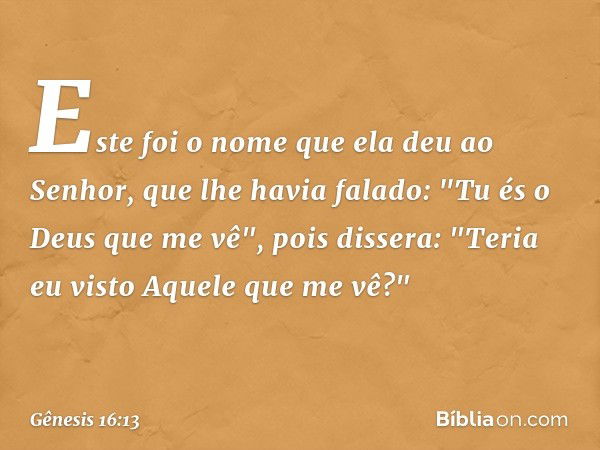 Este foi o nome que ela deu ao Senhor, que lhe havia falado: "Tu és o Deus que me vê", pois dissera: "Teria eu visto Aquele que me vê?" -- Gênesis 16:13