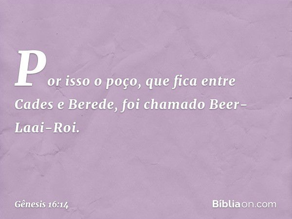 Por isso o poço, que fica entre Cades e Bere­de, foi chamado Beer-Laai-Roi. -- Gênesis 16:14