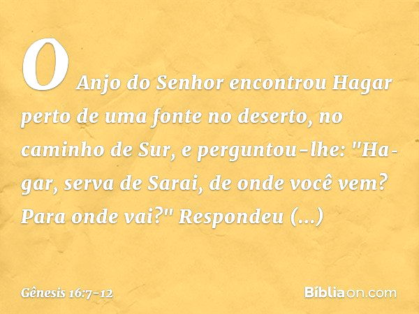 O Anjo do Senhor encontrou Hagar perto de uma fonte no de­serto, no caminho de Sur, e perguntou-lhe: "Ha­gar, serva de Sarai, de onde você vem? Para onde vai?"
