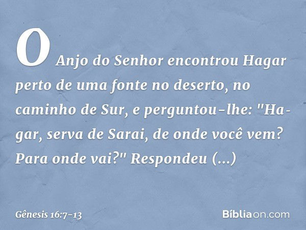 O Anjo do Senhor encontrou Hagar perto de uma fonte no de­serto, no caminho de Sur, e perguntou-lhe: "Ha­gar, serva de Sarai, de onde você vem? Para onde vai?"
