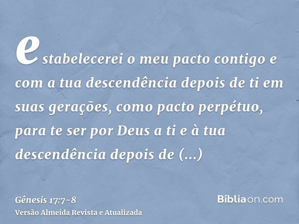 estabelecerei o meu pacto contigo e com a tua descendência depois de ti em suas gerações, como pacto perpétuo, para te ser por Deus a ti e à tua descendência de