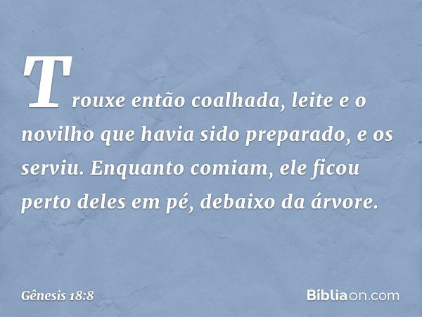 Trouxe então coalha­da, leite e o novilho que havia sido prepa­rado, e os serviu. Enquanto comiam, ele ficou perto deles em pé, debaixo da árvore. -- Gênesis 18