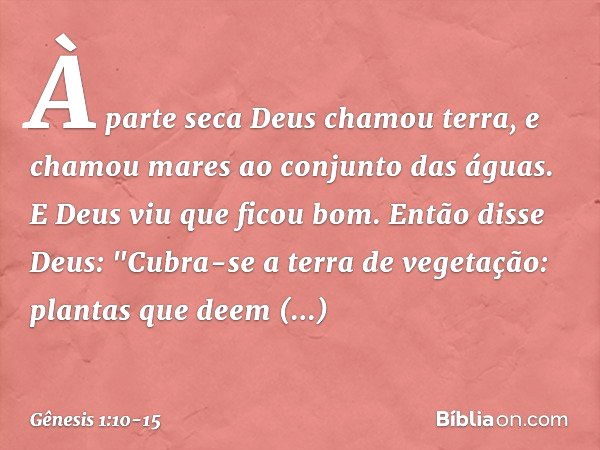 À parte seca De­us chamou terra, e cha­mou mares ao conjunto das águas. E Deus viu que ficou bom. Então disse Deus: "Cubra-se a terra de vegetação: plantas que 