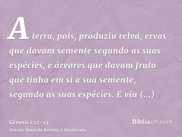 A terra, pois, produziu relva, ervas que davam semente segundo as suas espécies, e árvores que davam fruto que tinha em si a sua semente, segundo as suas espéci