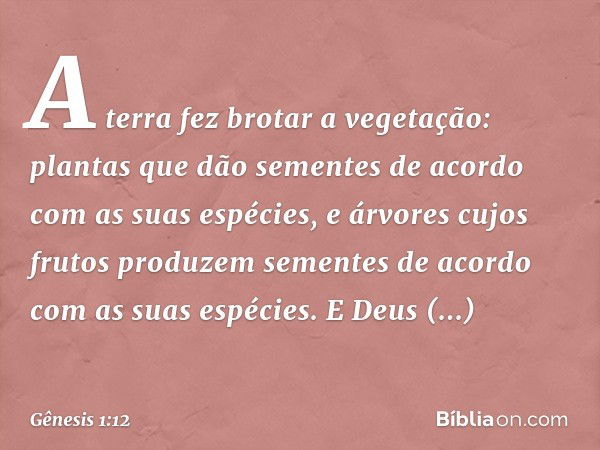 A terra fez bro­tar a vegetação: plantas que dão sementes de acordo com as suas espé­cies, e árvores cujos frutos produzem sementes de acordo com as suas espéci