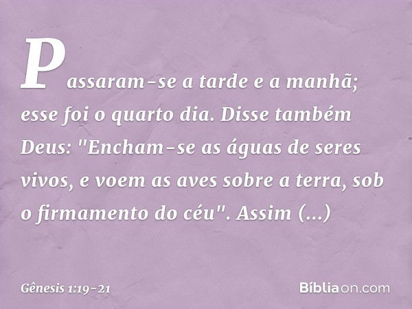 Passaram-se a tarde e a manhã; esse foi o quarto dia. Disse também Deus: "Encham-se as águas de seres vivos, e voem as aves sobre a terra, sob o firmamento do c