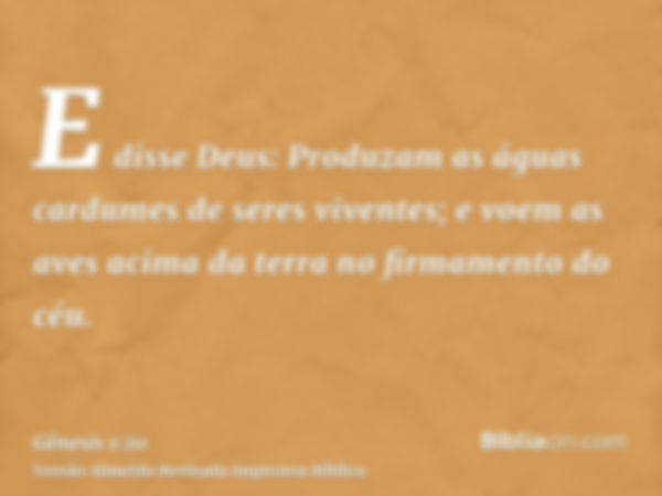 E disse Deus: Produzam as águas cardumes de seres viventes; e voem as aves acima da terra no firmamento do céu.