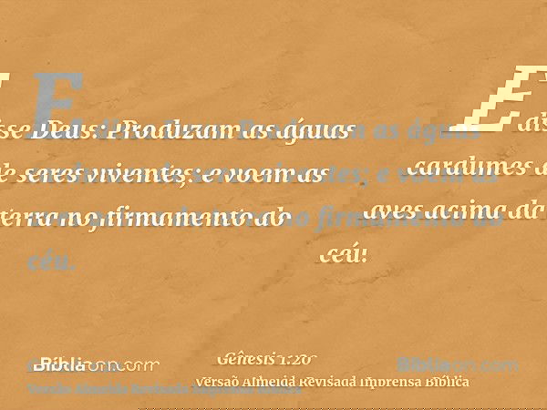 E disse Deus: Produzam as águas cardumes de seres viventes; e voem as aves acima da terra no firmamento do céu.