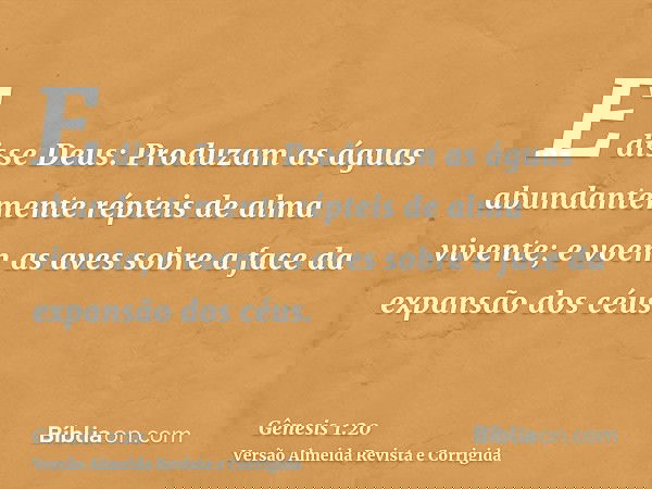 E disse Deus: Produzam as águas abundantemente répteis de alma vivente; e voem as aves sobre a face da expansão dos céus.