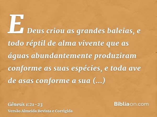 E Deus criou as grandes baleias, e todo réptil de alma vivente que as águas abundantemente produziram conforme as suas espécies, e toda ave de asas conforme a s