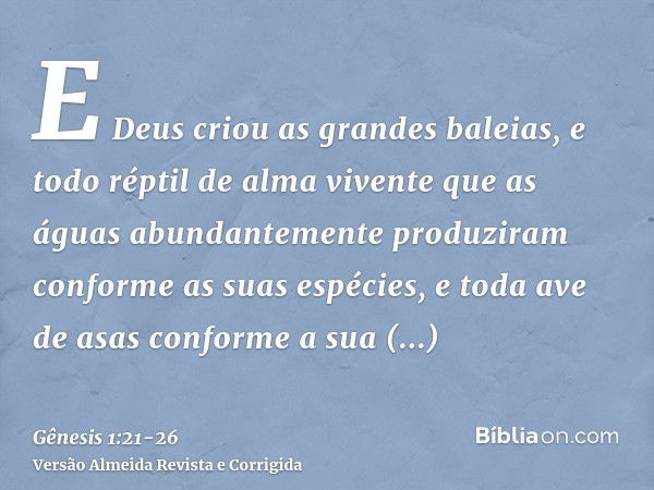 E Deus criou as grandes baleias, e todo réptil de alma vivente que as águas abundantemente produziram conforme as suas espécies, e toda ave de asas conforme a s