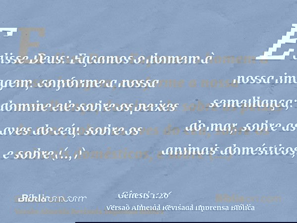E disse Deus: Façamos o homem à nossa imagem, conforme a nossa semelhança; domine ele sobre os peixes do mar, sobre as aves do céu, sobre os animais domésticos,