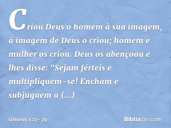 Criou Deus o homem à sua imagem,
à imagem de Deus o criou;
homem e mulher os criou. Deus os abençoou e lhes disse: "Sejam férteis e multipliquem-se! Encham e su