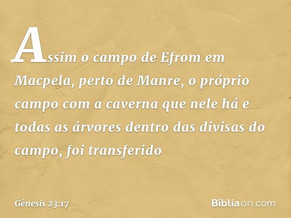 Assim o campo de Efrom em Macpela, perto de Manre, o próprio campo com a caverna que nele há e todas as árvores dentro das divisas do campo, foi transferido -- 