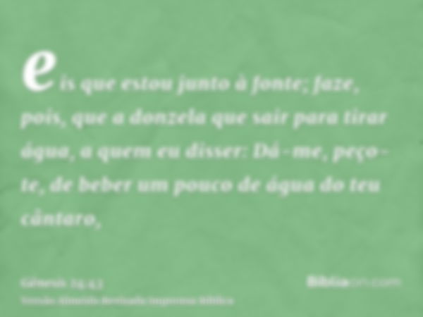 eis que estou junto à fonte; faze, pois, que a donzela que sair para tirar água, a quem eu disser: Dá-me, peço-te, de beber um pouco de água do teu cântaro,