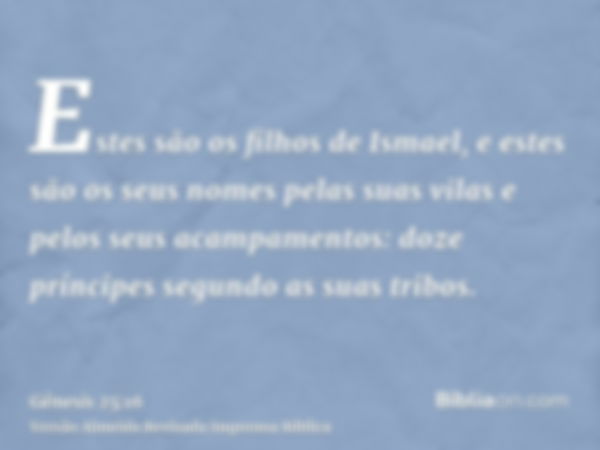 Estes são os filhos de Ismael, e estes são os seus nomes pelas suas vilas e pelos seus acampamentos: doze príncipes segundo as suas tribos.