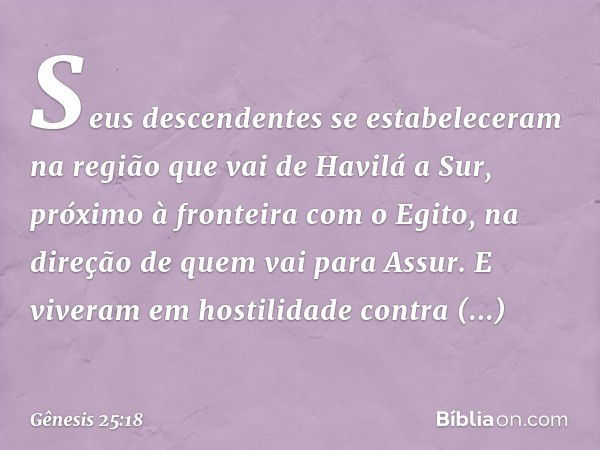 Seus descendentes se estabeleceram na região que vai de Havilá a Sur, próximo à fronteira com o Egito, na direção de quem vai para Assur. E viveram em hostilida