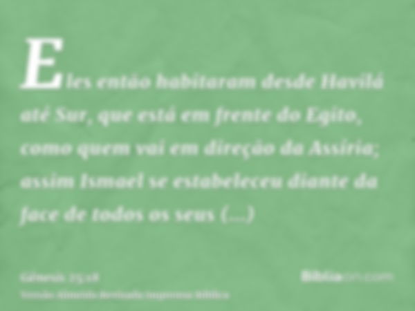 Eles então habitaram desde Havilá até Sur, que está em frente do Egito, como quem vai em direção da Assíria; assim Ismael se estabeleceu diante da face de todos