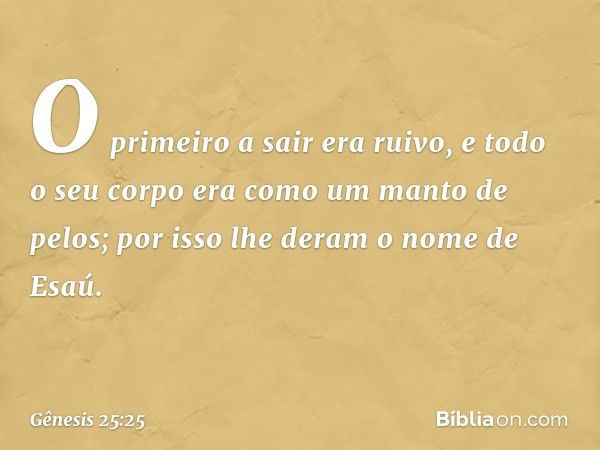 O pri­meiro a sair era ruivo, e todo o seu corpo era como um manto de pelos; por isso lhe deram o nome de Esaú. -- Gênesis 25:25