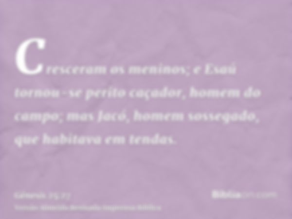 Cresceram os meninos; e Esaú tornou-se perito caçador, homem do campo; mas Jacó, homem sossegado, que habitava em tendas.