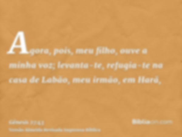 Agora, pois, meu filho, ouve a minha voz; levanta-te, refugia-te na casa de Labão, meu irmão, em Harã,