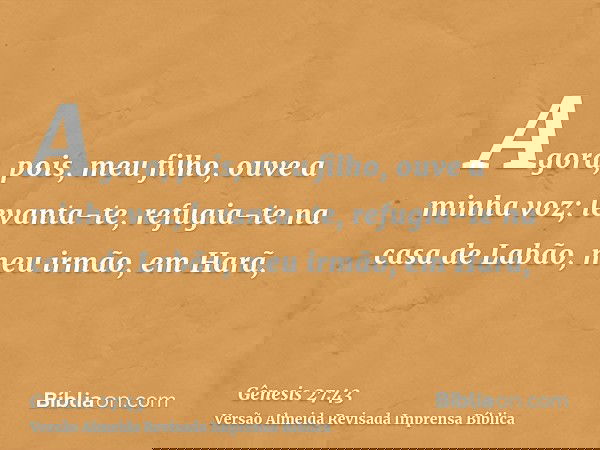 Agora, pois, meu filho, ouve a minha voz; levanta-te, refugia-te na casa de Labão, meu irmão, em Harã,