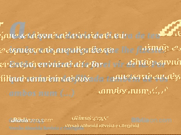 até que se desvie de ti a ira de teu irmão, e se esqueça do que lhe fizeste. Então, enviarei e te farei vir de lá. Por que seria eu desfilhada também de vós amb