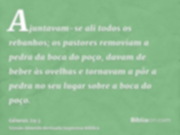 Ajuntavam-se ali todos os rebanhos; os pastores removiam a pedra da boca do poço, davam de beber às ovelhas e tornavam a pôr a pedra no seu lugar sobre a boca d