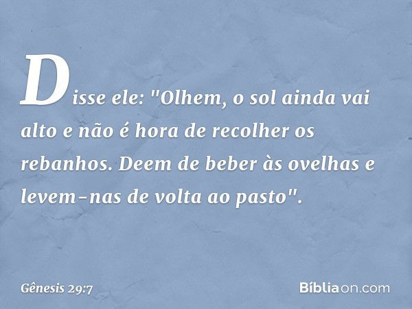 Disse ele: "Olhem, o sol ainda vai alto e não é hora de recolher os rebanhos. Deem de beber às ovelhas e levem-nas de volta ao pasto". -- Gênesis 29:7