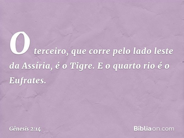 O terceiro, que corre pelo lado leste da Assíria, é o Tigre. E o quar­to rio é o Eufrates. -- Gênesis 2:14