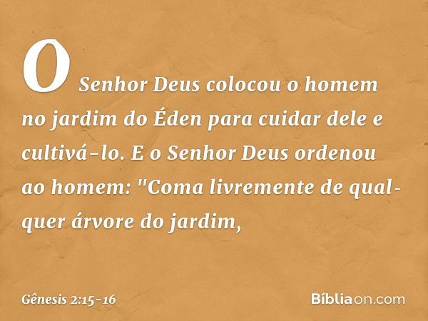 O Senhor Deus colocou o homem no jardim do Éden para cuidar dele e cultivá-lo. E o Senhor Deus ordenou ao homem: "Coma livre­mente de qual­quer árvore do jardim