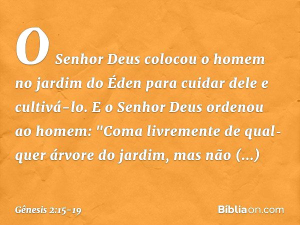 O Senhor Deus colocou o homem no jardim do Éden para cuidar dele e cultivá-lo. E o Senhor Deus ordenou ao homem: "Coma livre­mente de qual­quer árvore do jardim