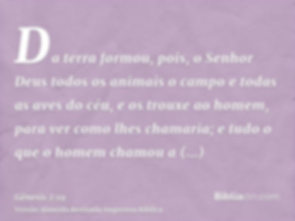 Da terra formou, pois, o Senhor Deus todos os animais o campo e todas as aves do céu, e os trouxe ao homem, para ver como lhes chamaria; e tudo o que o homem ch