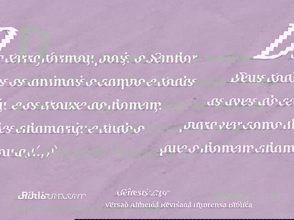 Da terra formou, pois, o Senhor Deus todos os animais o campo e todas as aves do céu, e os trouxe ao homem, para ver como lhes chamaria; e tudo o que o homem ch