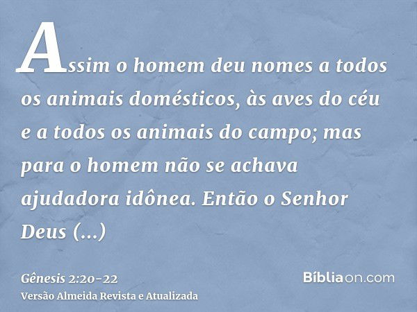 Assim o homem deu nomes a todos os animais domésticos, às aves do céu e a todos os animais do campo; mas para o homem não se achava ajudadora idônea.Então o Sen