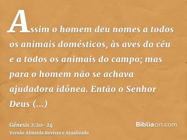 Assim o homem deu nomes a todos os animais domésticos, às aves do céu e a todos os animais do campo; mas para o homem não se achava ajudadora idônea.Então o Sen